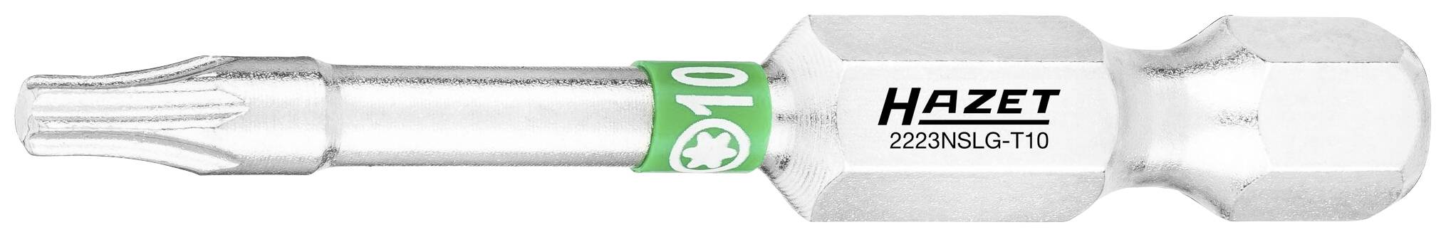 Ein Werkzeugbit von Hazet, Modellnummer 2225NSLG-T10, mit einem grünen Ring für Torx-Schrauben.