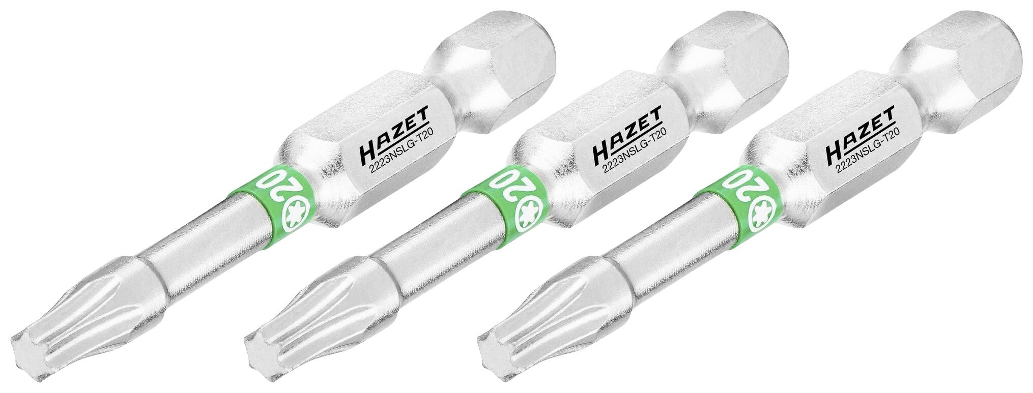 Drei silberne Torx-Schraubbits von Hazet, Größe T20, liegen nebeneinander, jeweils mit einer grünen Markierung um den Schaft.