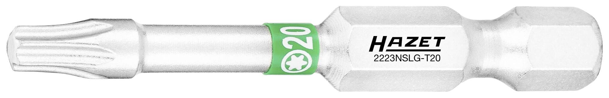 Ein silberfarbener Torx-Bit von Hazet mit der Kennzeichnung 'T20'. Der Griff ist sechseckig mit einer grünen Manschette.