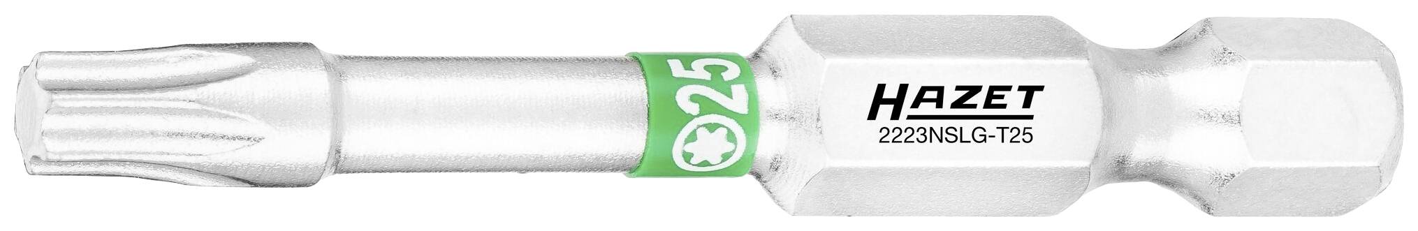Ein Schraubendreher-Bit der Marke Hazet mit der Aufschrift '2220NSL-GP TX25', geeignet für Torx-Schrauben, silberfarben.