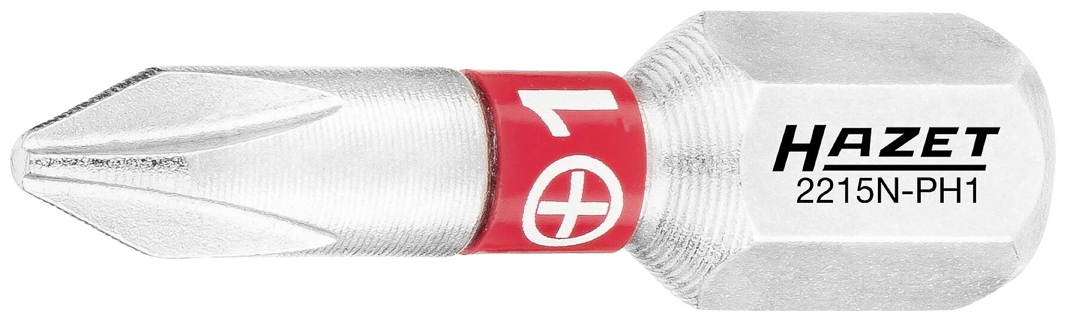Nahaufnahme eines silbernen Schraubendreher-Bits von Hazet, Modell 2215N-PH1, mit rotem Ring und Kreuzschlitzspitze.