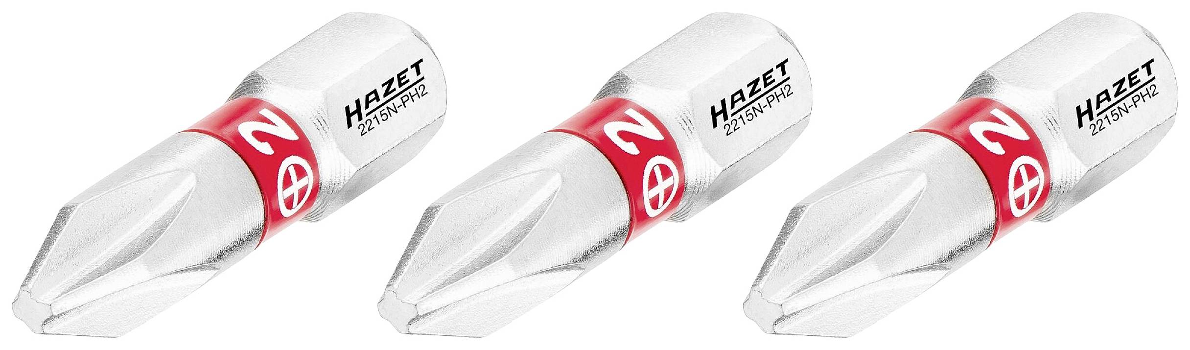 Drei silberne Schraubendrehereinsätze mit rotem Ring und Logo.