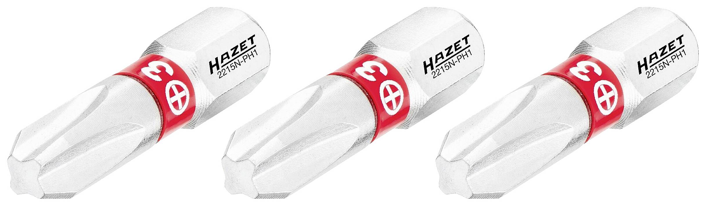 Drei silberne Sechskant-Bits mit rot markierter Nummer '3', Aufschrift 'Hazet'.