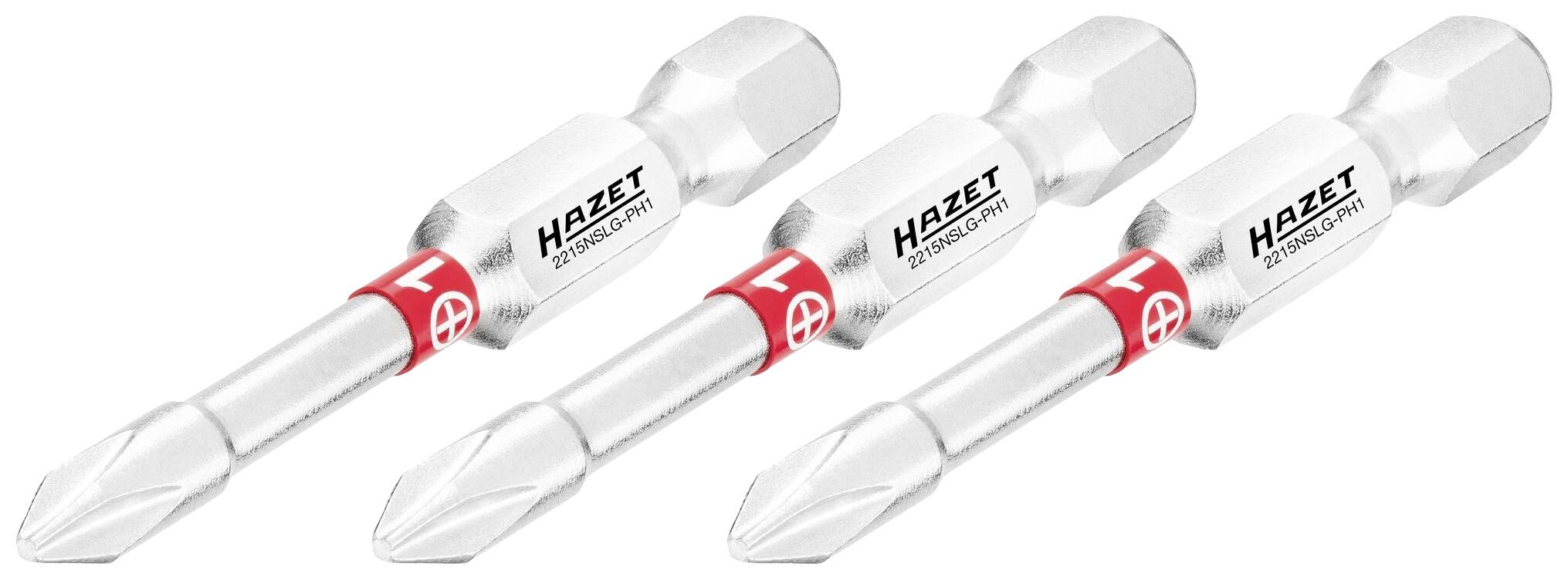Drei silberne Schraubendrehereinsätze mit rotem Ring und der Marke 'Hazet'. Sie sind für Phillips-Schraubenköpfe geeignet.