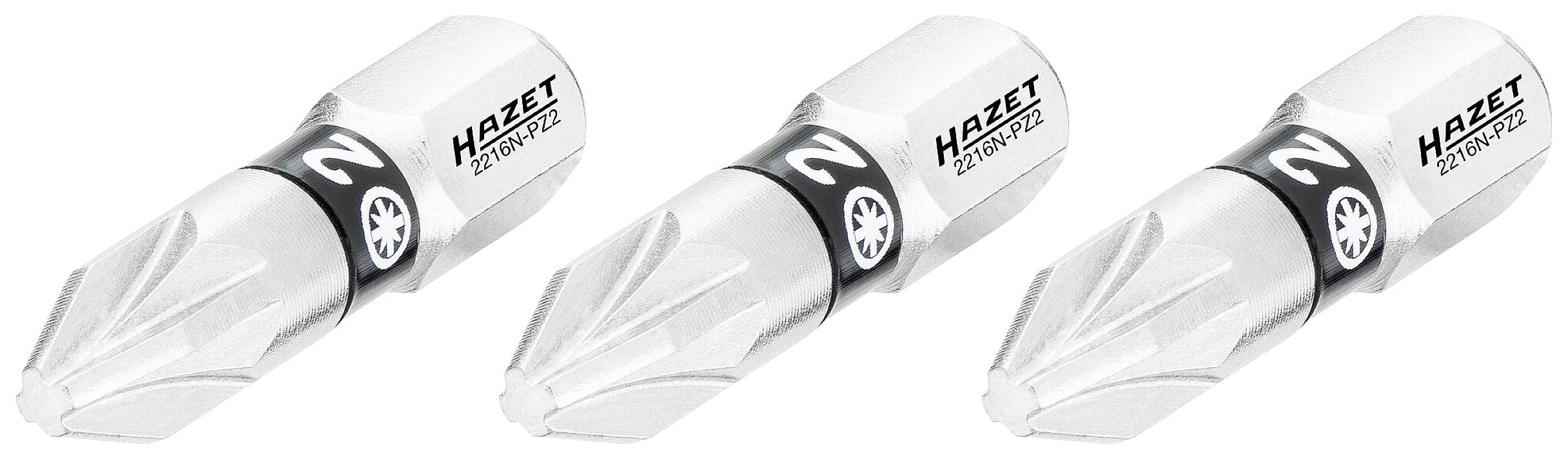 Drei silberne Schraubendreher-Bits mit Kreuzschlitz. Markenname HAZET und Artikelnummer 2200-PZ2 sind auf jedem Bit gedruckt.