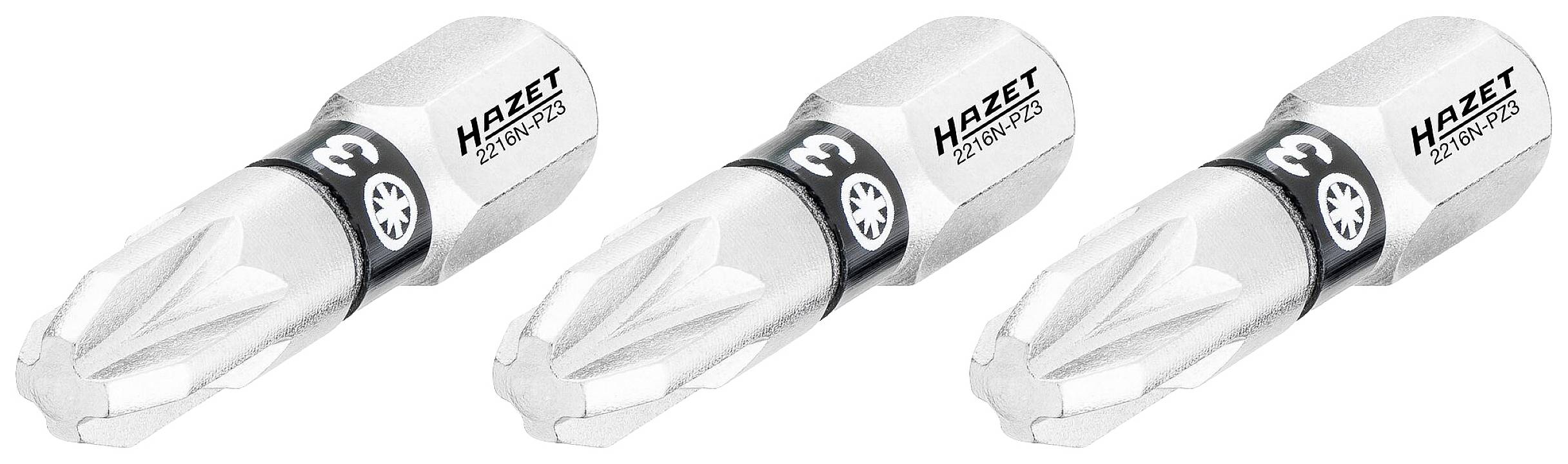 Drei Schraubendrehereinsätze von Hazet, Typ T30, in Silber, nebeneinander aufgereiht.