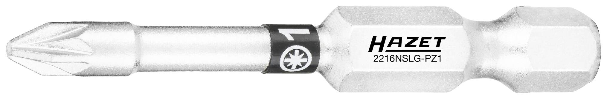 Kreuzschlitz-Schraubendreher-Bit von Hazet, Modell-Nr. 2210NSLG-PZ1, silberfarben, mit schwarzem Ring und L1-Markierung.