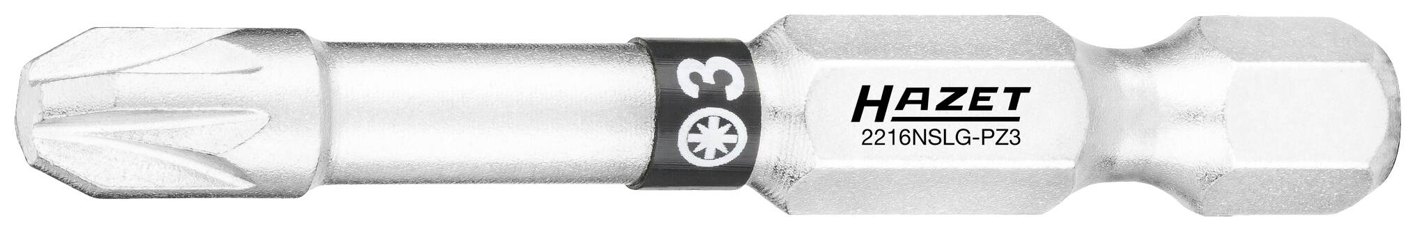 Bit von Hazet, Modell 2216NSLG-PZ3, geeignet für PZ3-Schrauben, silberfarben mit schwarzem Ring, robustes Design.
