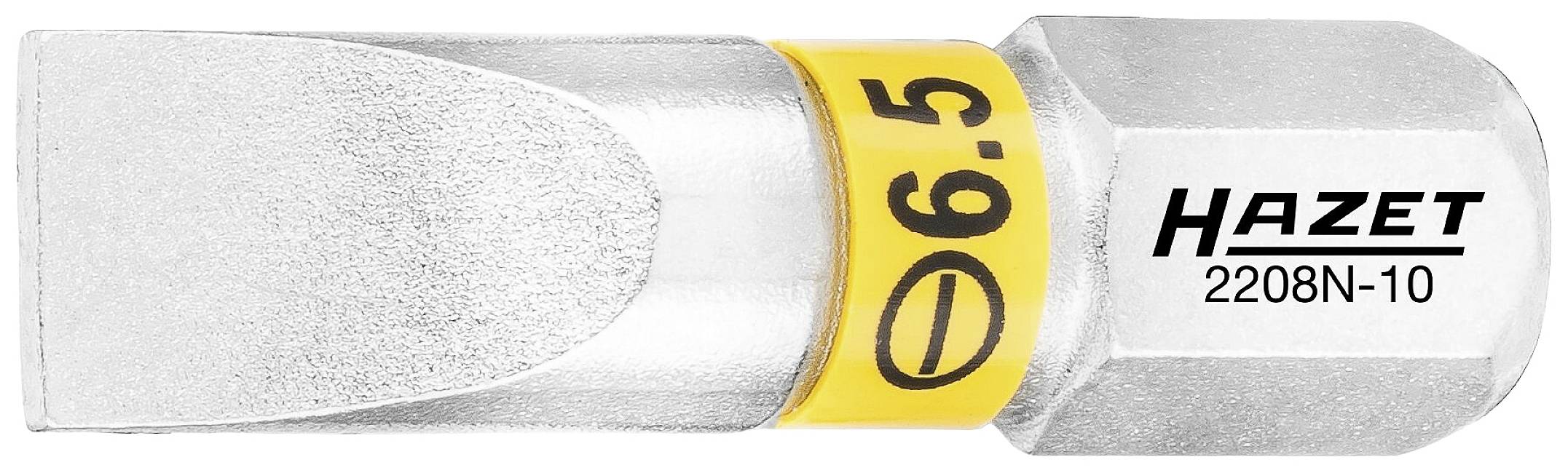 Ein kurzer, flacher Schraubendrehereinsatz der Marke Hazet, Modell 2208N-10, mit einer Klingenbreite von 6,5 mm, für Schraubarbeiten geeignet.