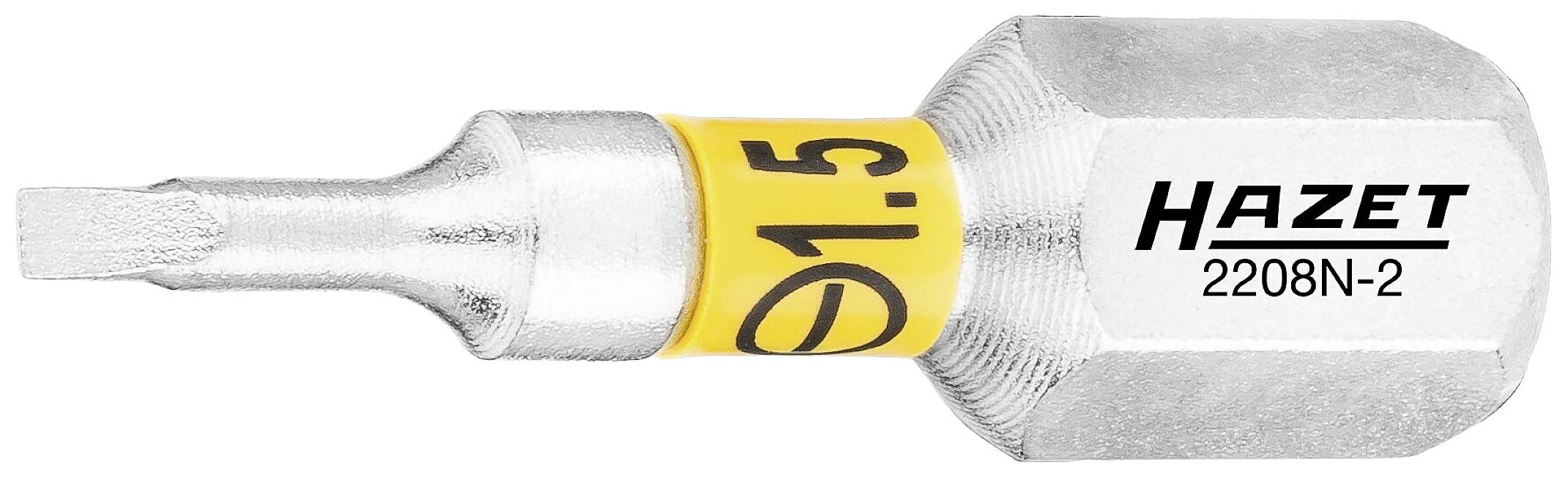Bitsatz mit der Aufschrift 'Hazet 2208N-2, Ø1,5'. Silberfarben mit gelbem Ring. Speziell für Schraubendreher verwendet.