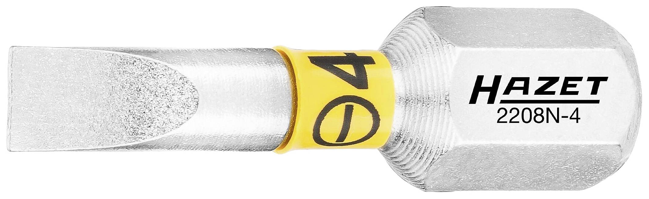 Schraubendreher-Bit von Hazet mit der Nummer 2208N-4, flacher Kopf, silber, gelber Ring mit '4', für Schrauben mit geradem Schlitz.