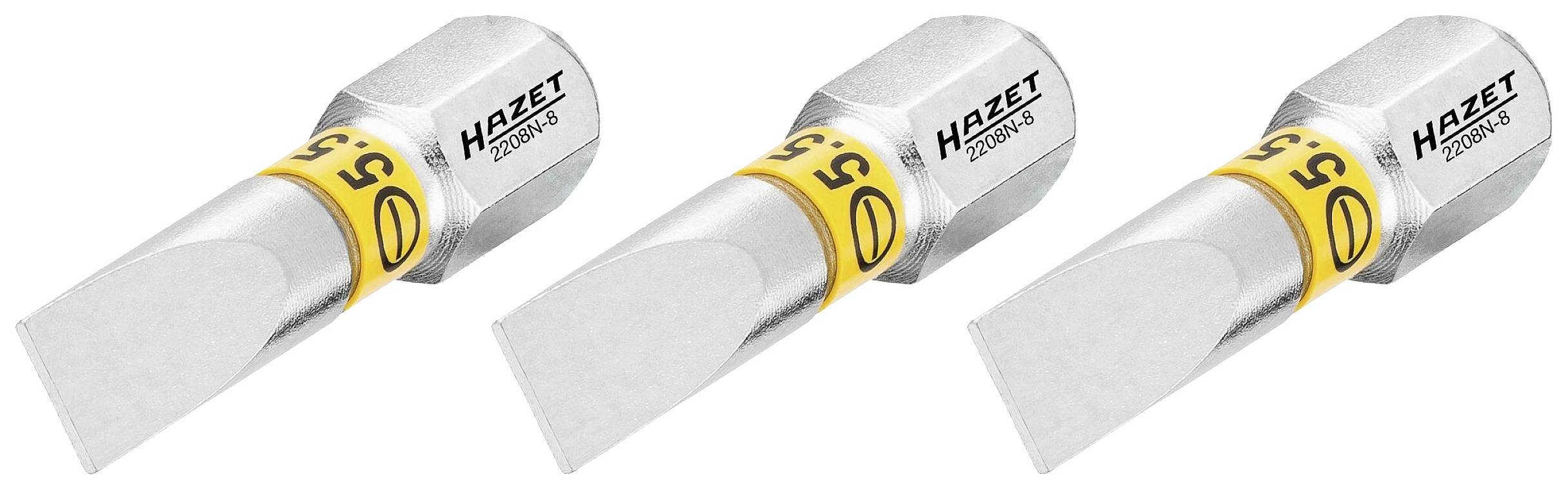 Drei silberne Werkzeugaufsätze mit gelber Markierung, jeweils mit der Aufschrift 'HAZET 7910-05'. Verwendet für Spezialanwendungen.