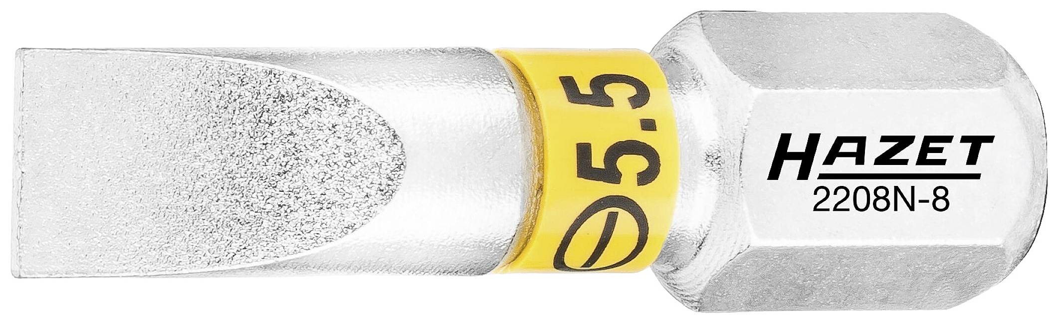 Metall-Schraubendreherbit mit flacher Klinge, gelbem Ring mit '5,5'-Markierung, Marke 'Hazet' und Modellnummer '2208N-8'.