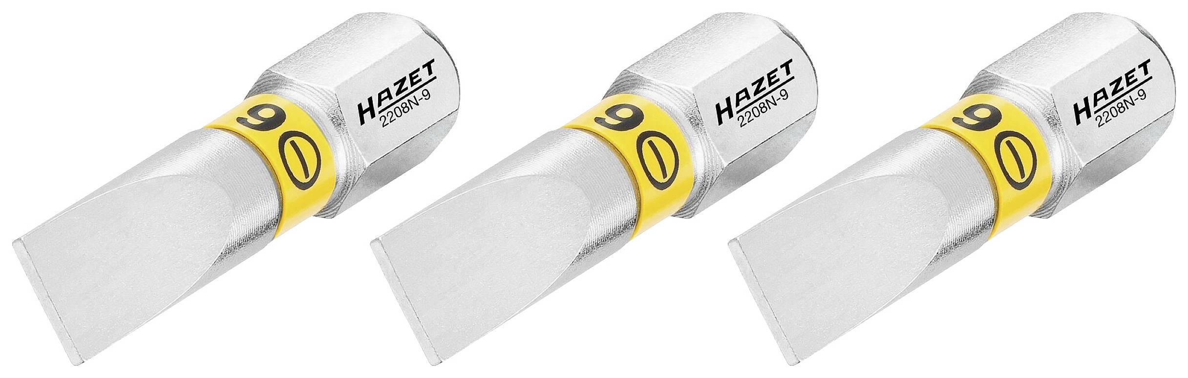 Drei silberne Schraubwerkzeugaufsätze der Marke Hazet, Größe 9, in einer diagonalen Anordnung auf weißem Hintergrund.