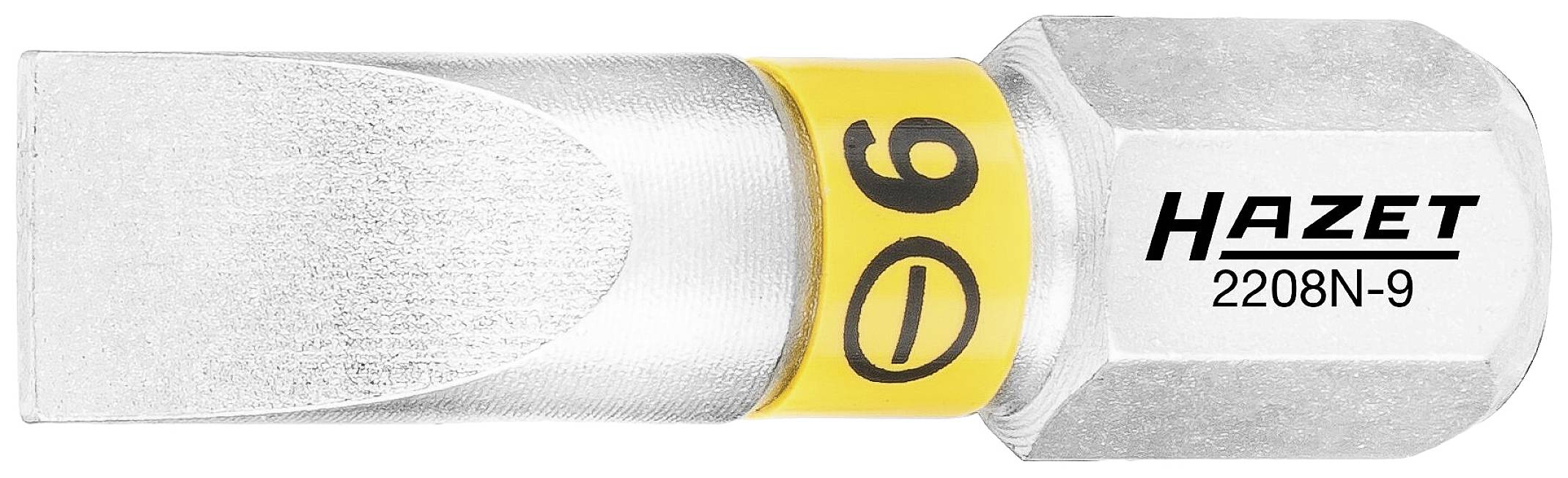 'Hazet 2208N-9' Schraubendrehereinsatz. Flachkopfdesign mit gelbem Ring und Markierung '90'. Aus Metall, robust für schwere Arbeiten.