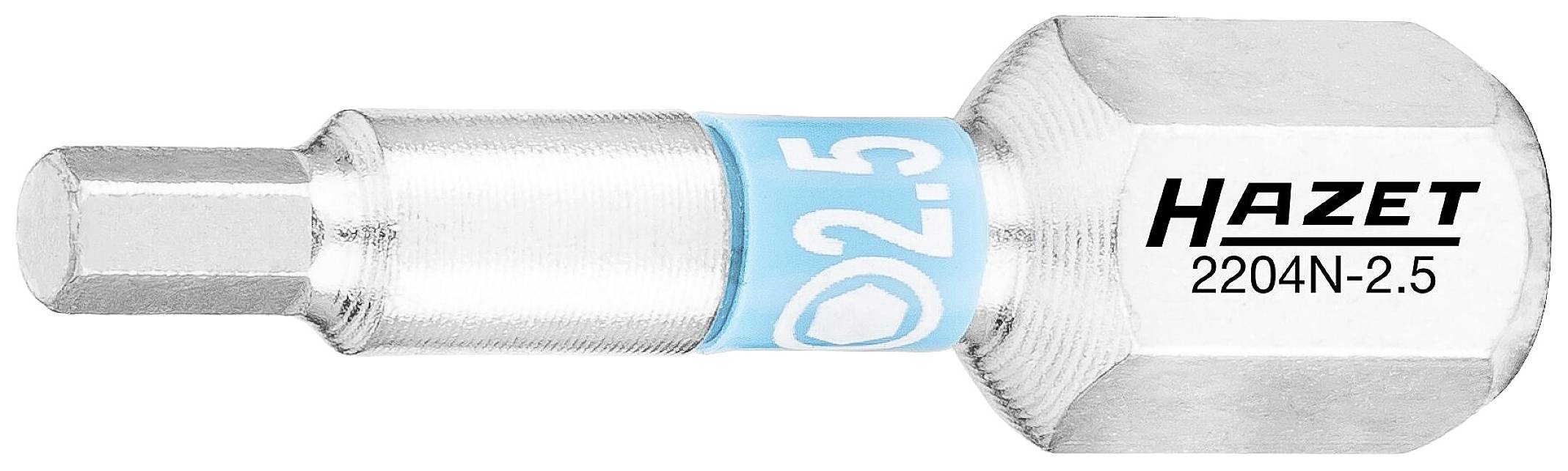 Ein silberner Hazet-Schraubendrehereinsatz, Größe 2,5, mit blauem Markierungsring. Modellnummer: 2204N-2.5.
