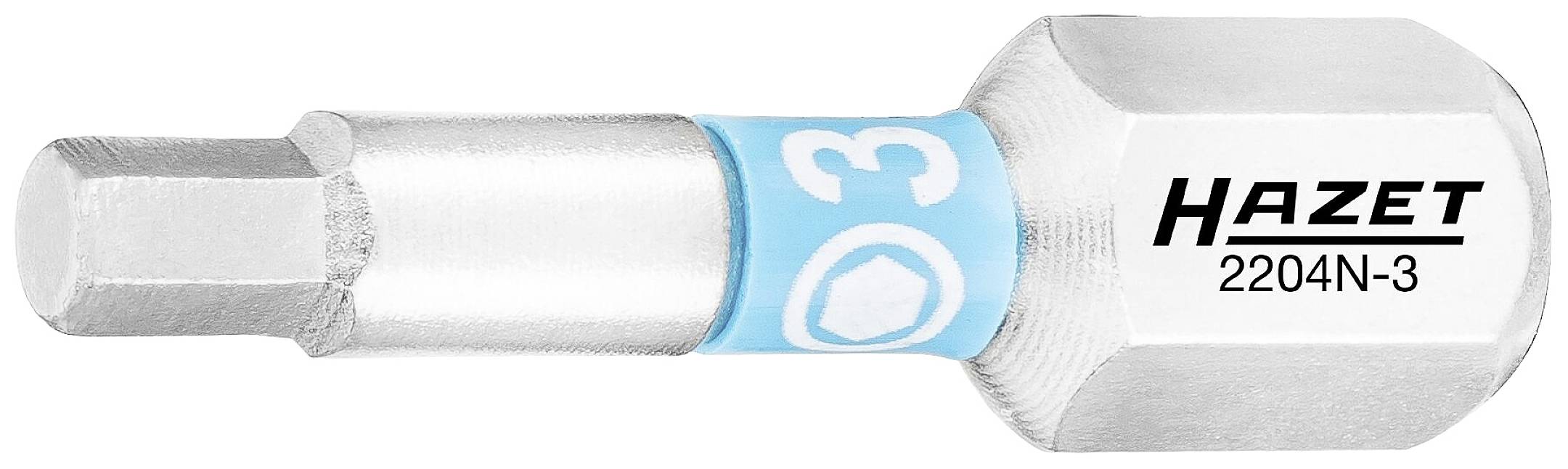 Ein silberfarbener Bit-Aufsatz der Marke 'Hazet' mit einem blauen Band und der Aufschrift '2204N-3', für Verwendung mit Schraubwerkzeugen.