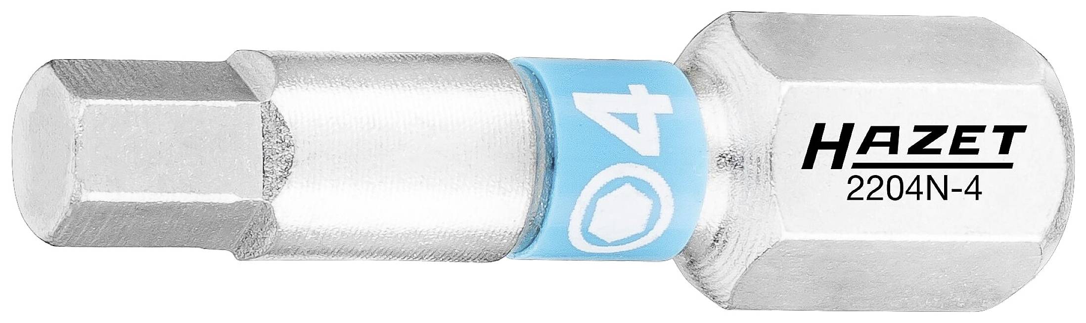 Sechskant-Bit von Hazet, Modell 2204N-4, mit 4 mm Größe, silberfarben mit blauem Ring. Geeignet für Schraubendreher oder Bohrmaschinen.
