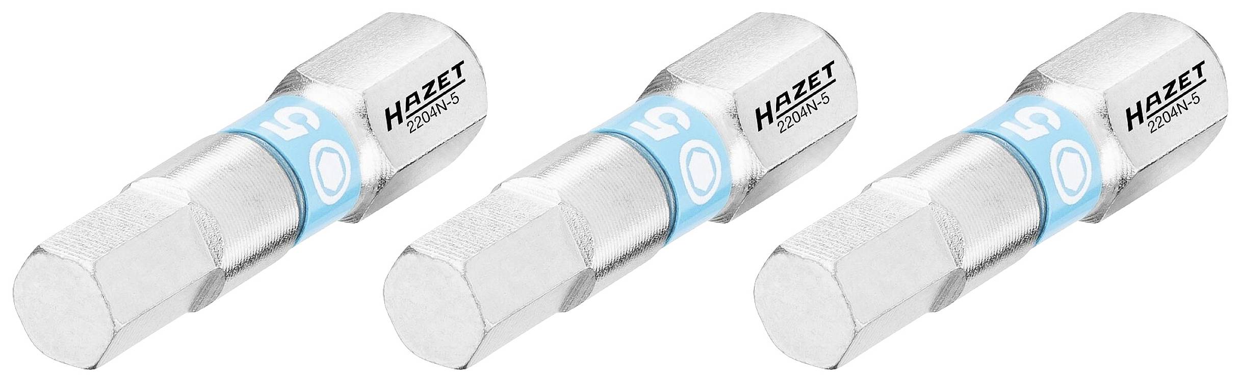 Drei silberne Sechskant-Bits mit blauem Ring und 'Hazet'-Logo.