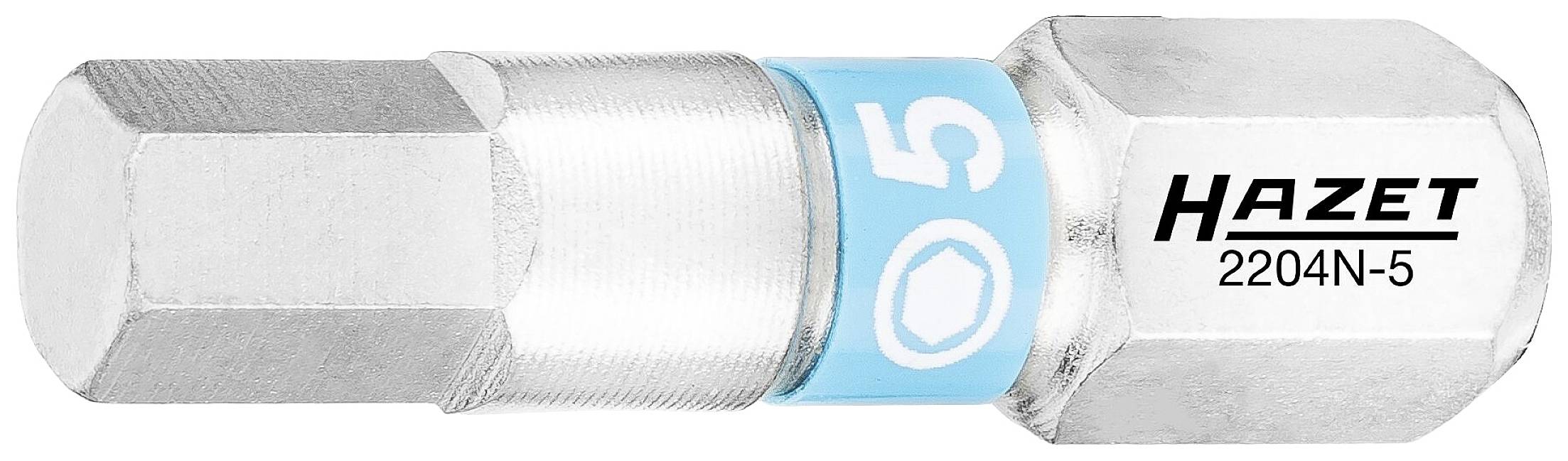 Das Bild zeigt einen sechsseitigen Steckschlüsseleinsatz der Marke Hazet mit der Modellnummer 2204N-5, geeignet für Schrauben.