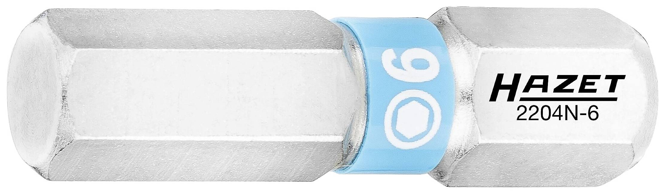 Ein silberner Steckschlüsseladapter der Marke Hazet, Modellnummer 2204N-6, mit einer blauen Kennzeichnung für die Größe 6.