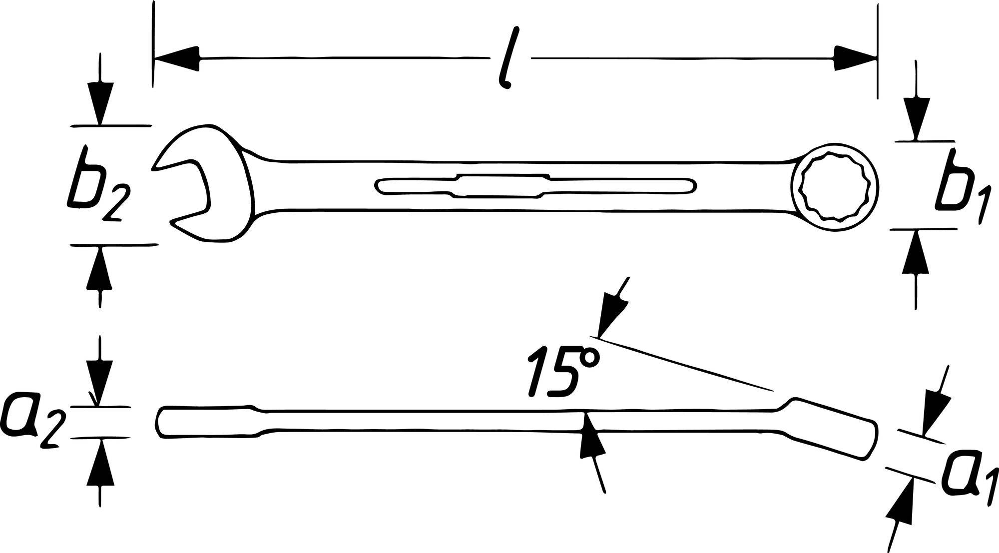 Skizze eines Schraubenschlüssels, zeigt die Maße: Länge (l), Breite an beiden Enden (b1, b2), und Winkel von 15 Grad an einem Ende (a1, a2).