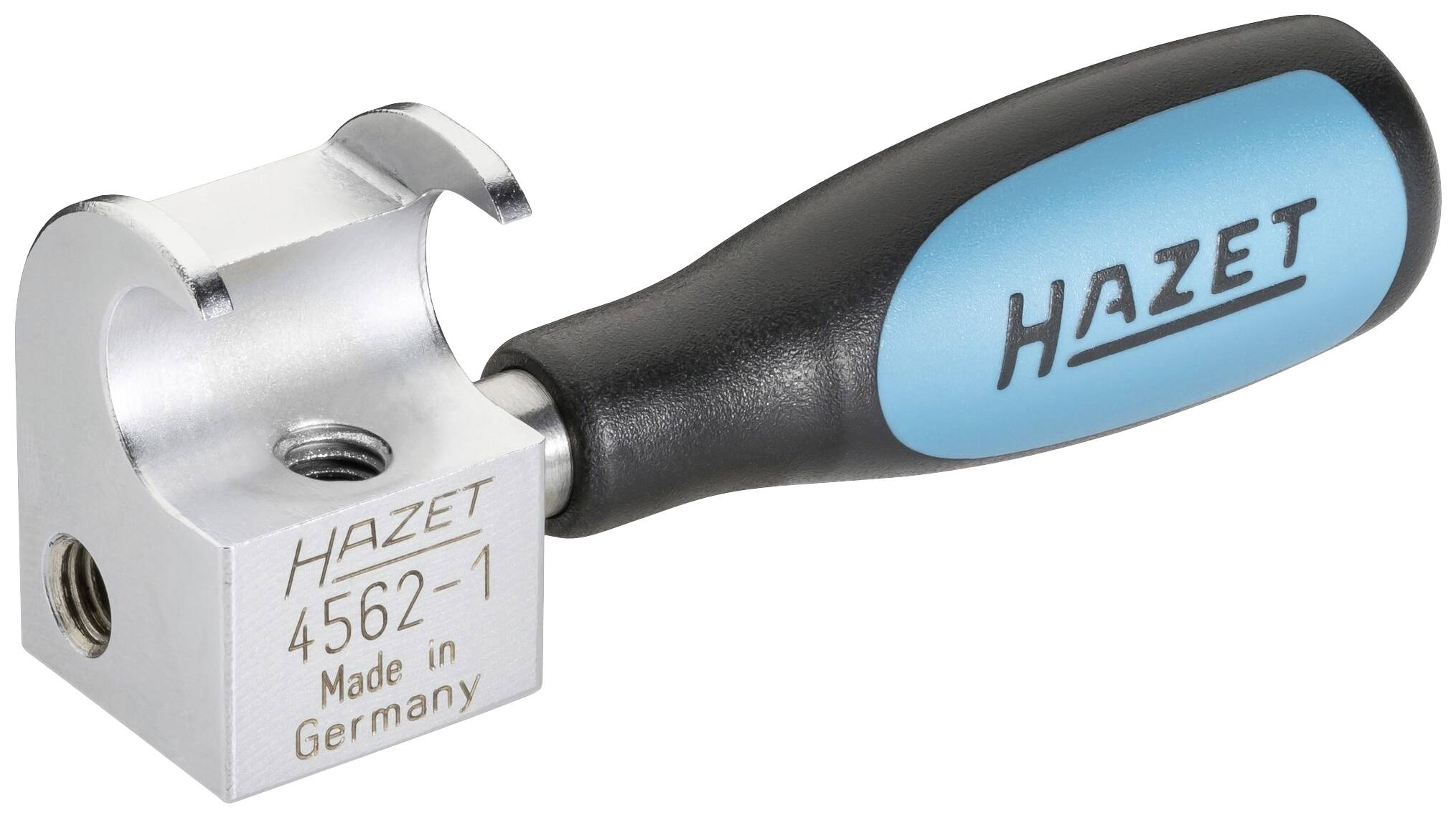 Ein silbernes Werkzeug mit schwarzem und blauem Griff, Marke 'HAZET', Modellnummer '4562-1', hergestellt in Deutschland.