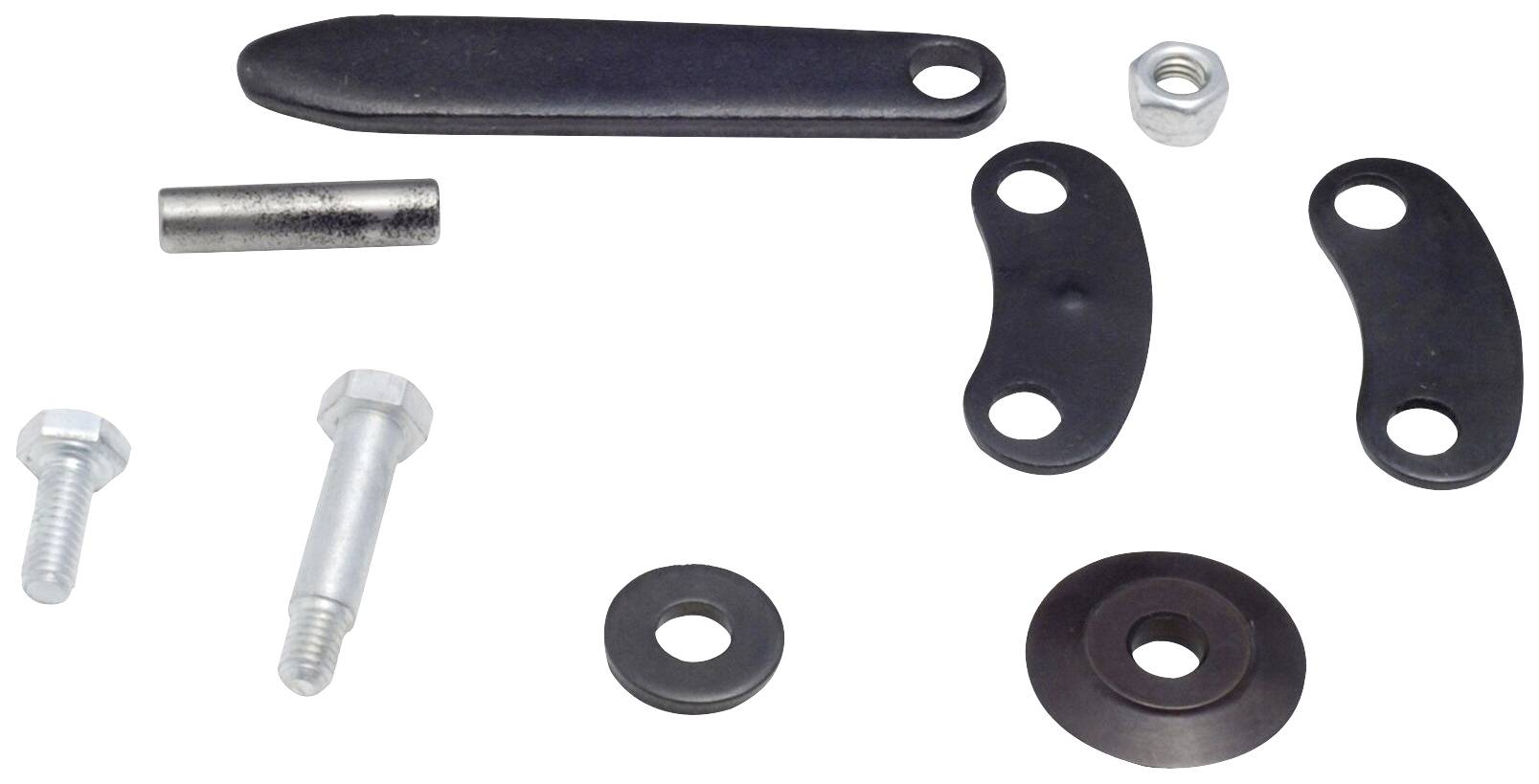 Einzelteile eines Handgriffmontagesatzes, einschließlich Schrauben, Unterlegscheiben, Abstandshalter und Halterungen auf weißem Hintergrund.