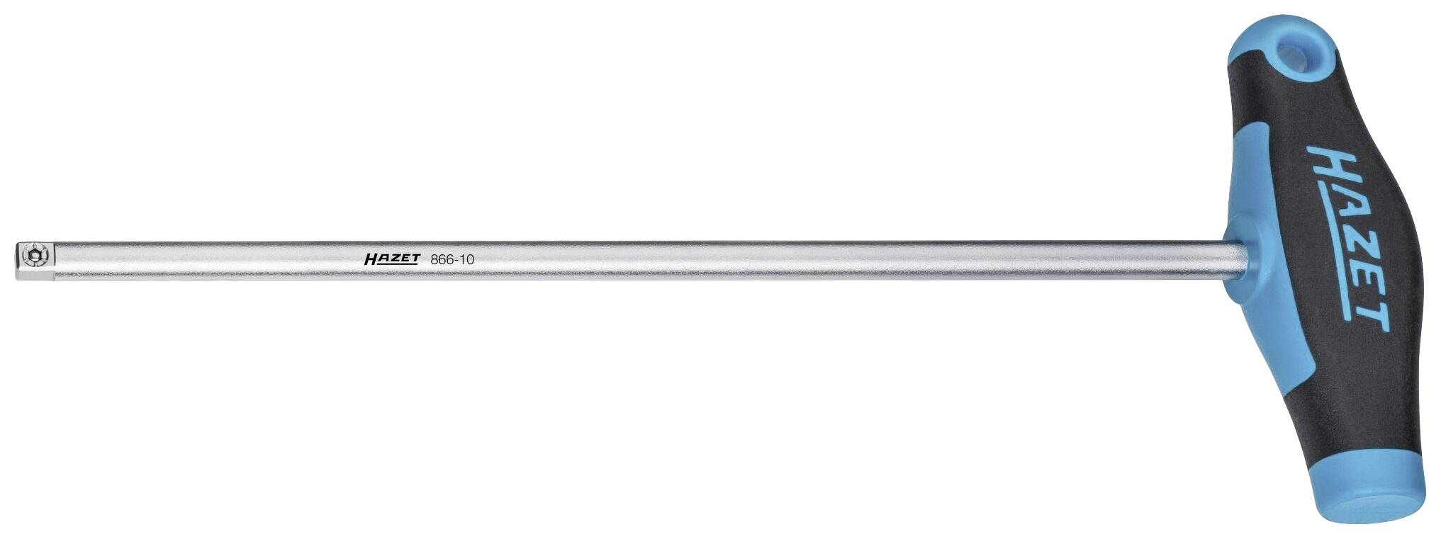 T-Griff-Schraubendreher mit langer Stange, schwarzem Griff und blauen Details, Markenname 'Hazet' auf dem Griff sichtbar.