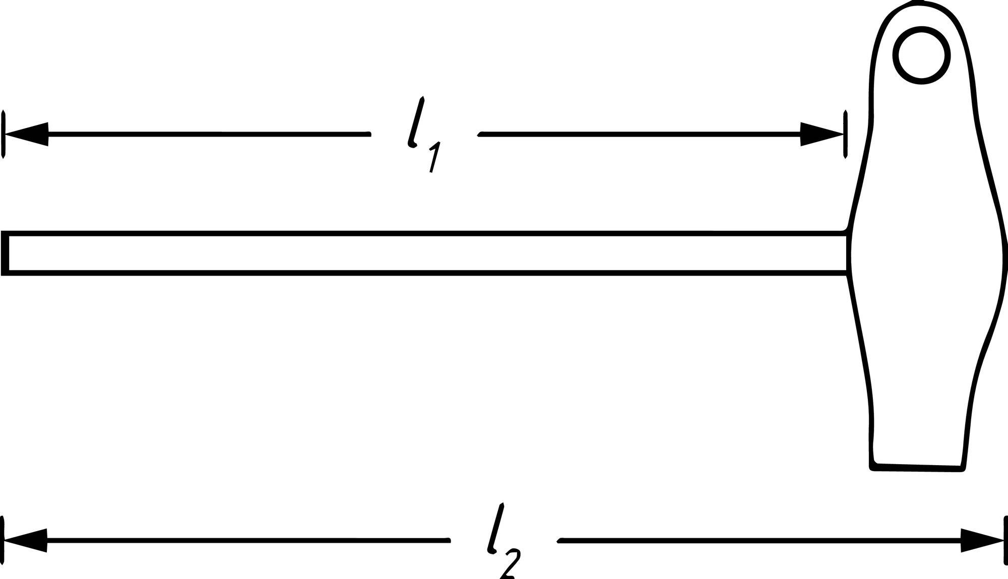Technische Zeichnung eines Hebels mit zwei Längen, 'l1' zeigt die kürzere Länge des Hebelarms, 'l2' die gesamte Hebellänge.