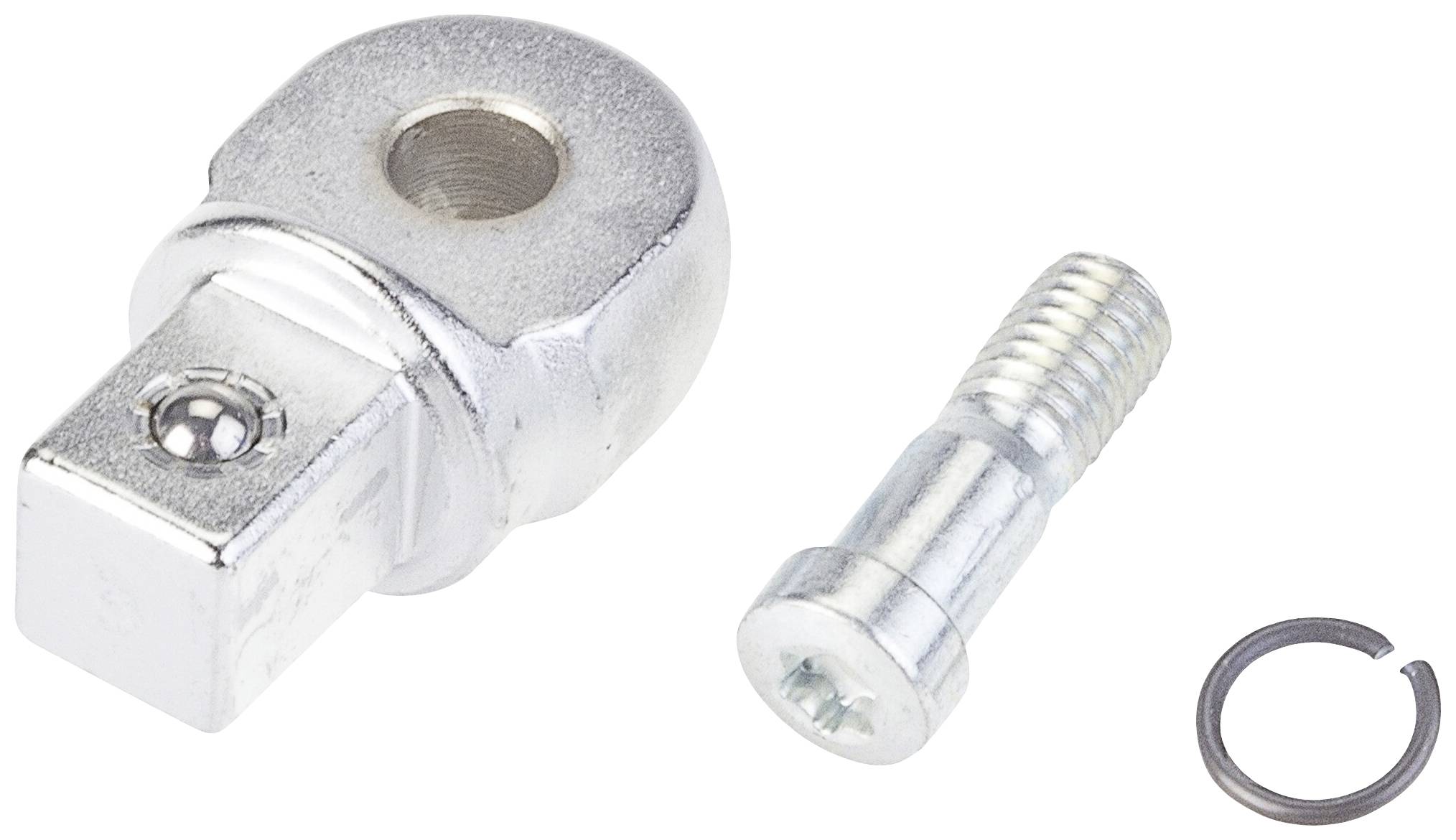 Metallverbinder-Set: Großes Metallteil mit runder Öffnung, Metallbolzen mit Gewinde, kleiner Metallring. Zur Befestigung.