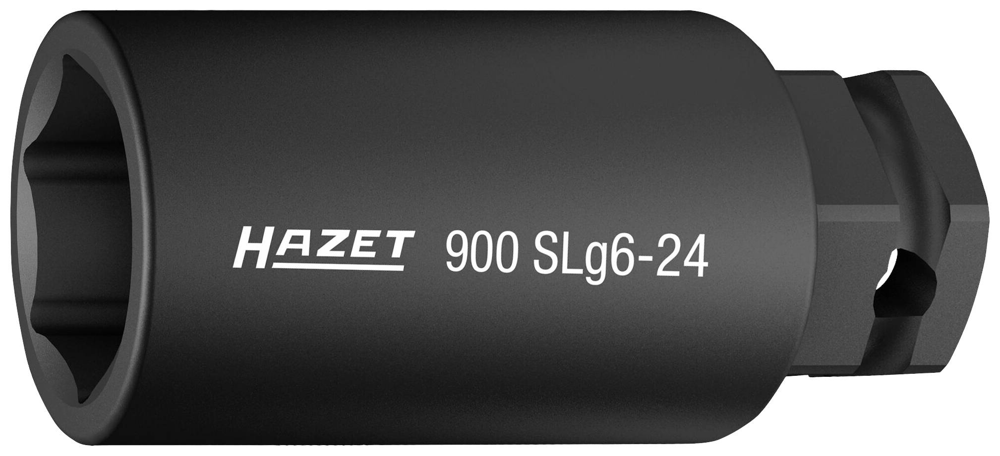 Schwarze Hazet Stecknuss 900 SLg6-24, sechskant, mit Sechskantantrieb und Aufnahmenut für Stifte, geeignet für den Werkstattgebrauch.