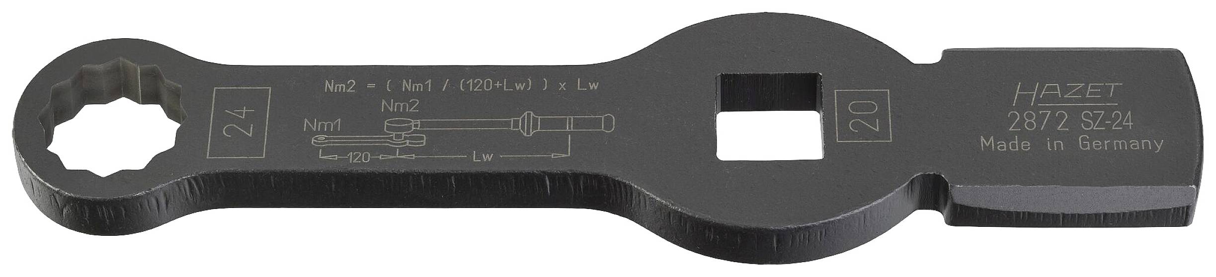 Schwarzer Hazet Schlagschlüssel mit zwei Maulgrößen (24 und 20 mm). Enthält technische Zeichnung und 'Made in Germany'-Aufdruck.