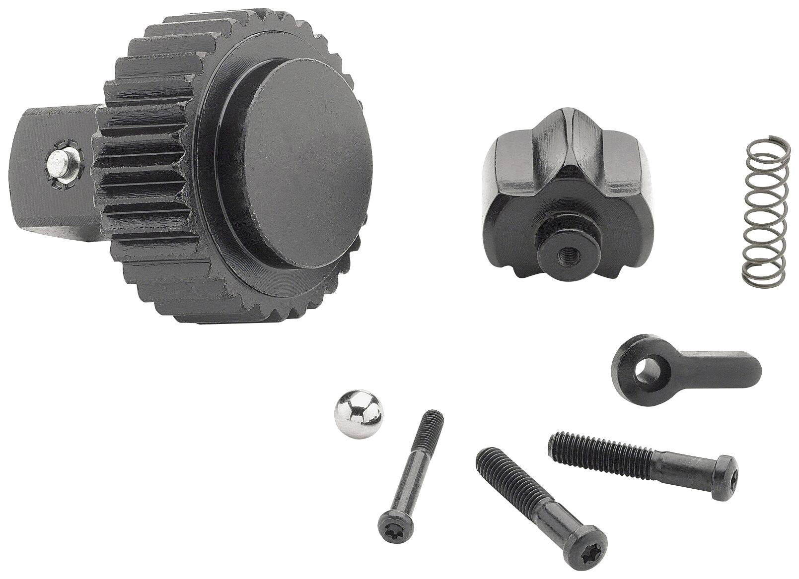 Ein Set aus verschiedenen schwarzen mechanischen Kleinteilen, darunter ein Zahnrad, Federn, Schrauben und ein Kugellager.