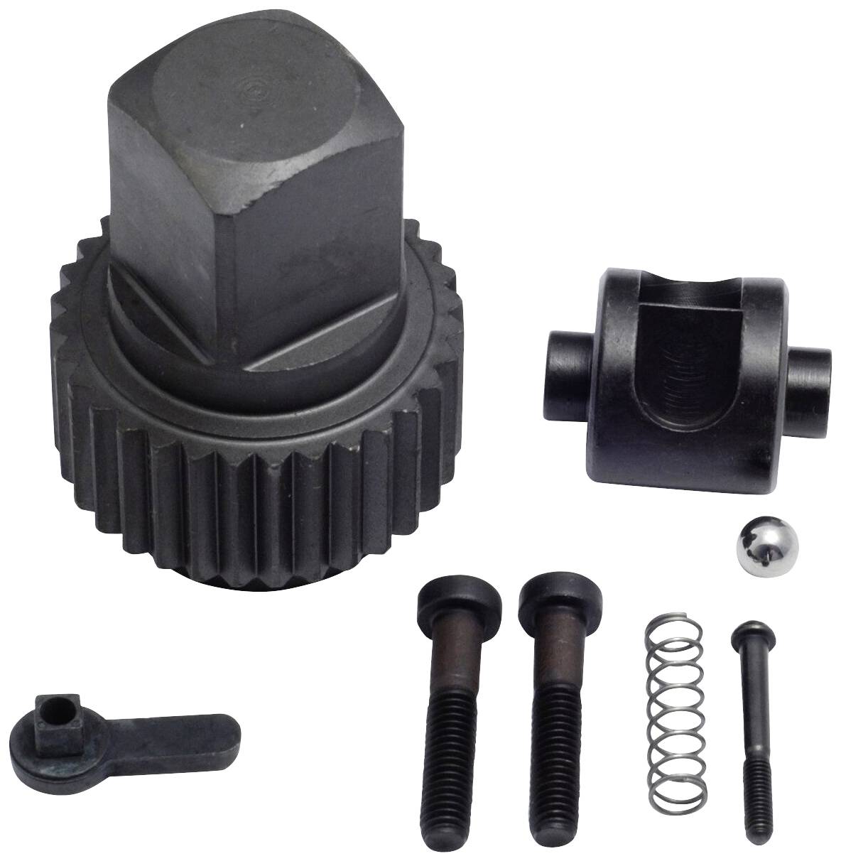 Bauteilsatz aus Metall mit Zahnrädern, Schrauben, Feder und Kugel. Komponenten für mechanische Anwendungen oder Reparaturen.