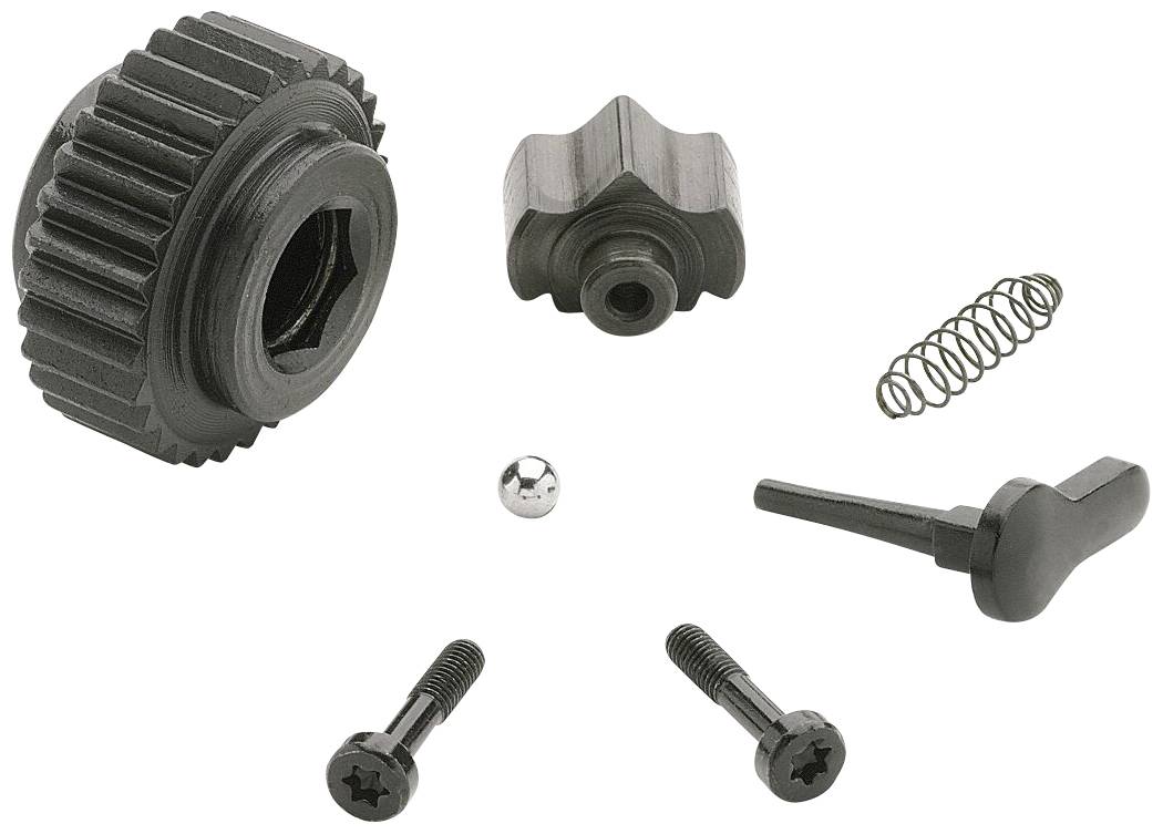 Verschiedene schwarze Mechanikteile, darunter Zahnräder, Schrauben, eine Feder und ein kleiner Kugelmechanismus.