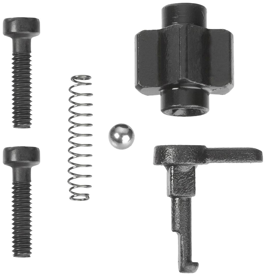 Schraubensatz mit Feder, Kugel und Arm. Enthält zwei Schrauben, eine Feder, eine Kugel und einen L-förmigen Hebel.