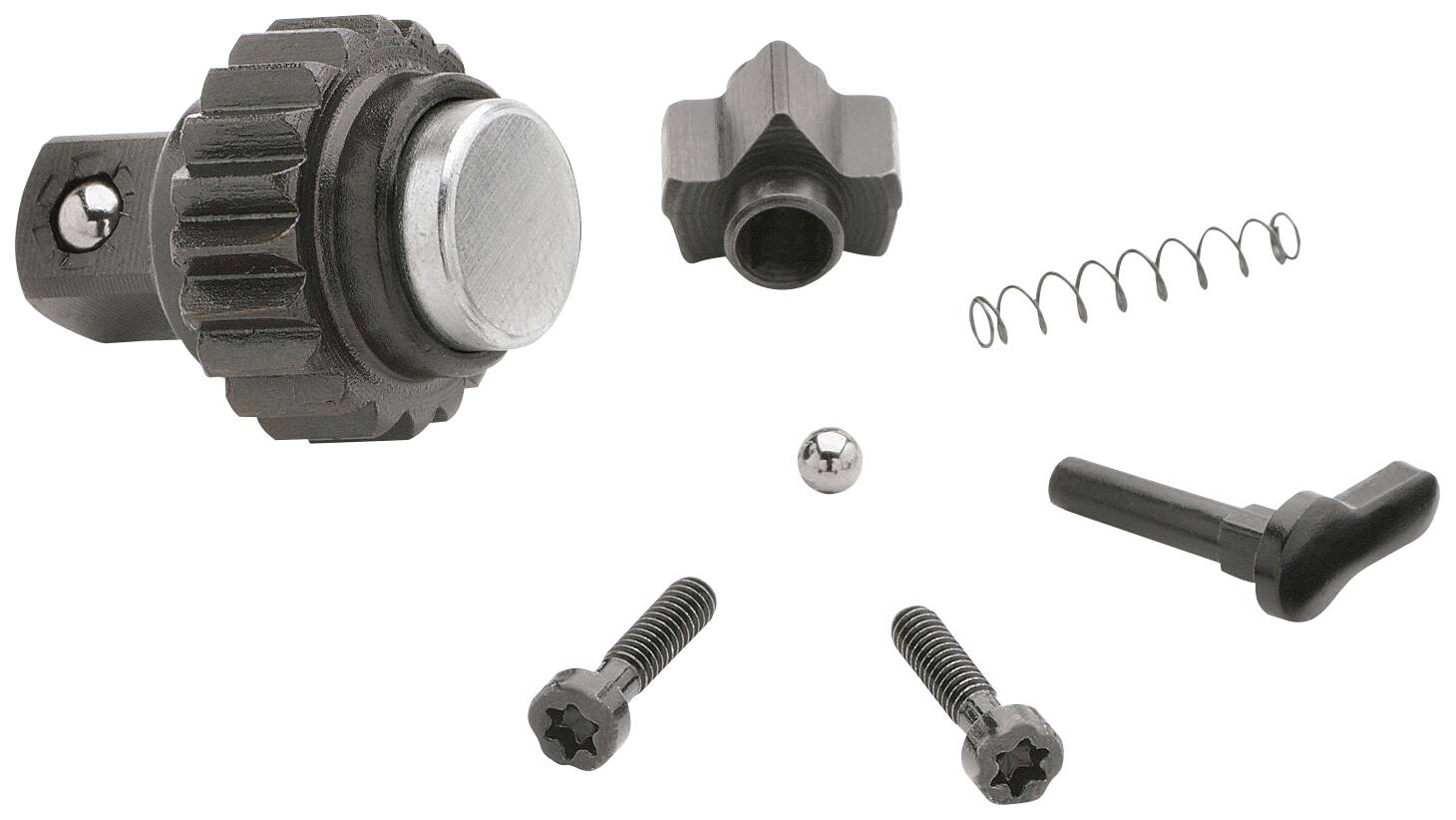 Verschiedene Metallteile und Schrauben, darunter ein Federmechanismus und ein Knopf, auf weißem Hintergrund verteilt.