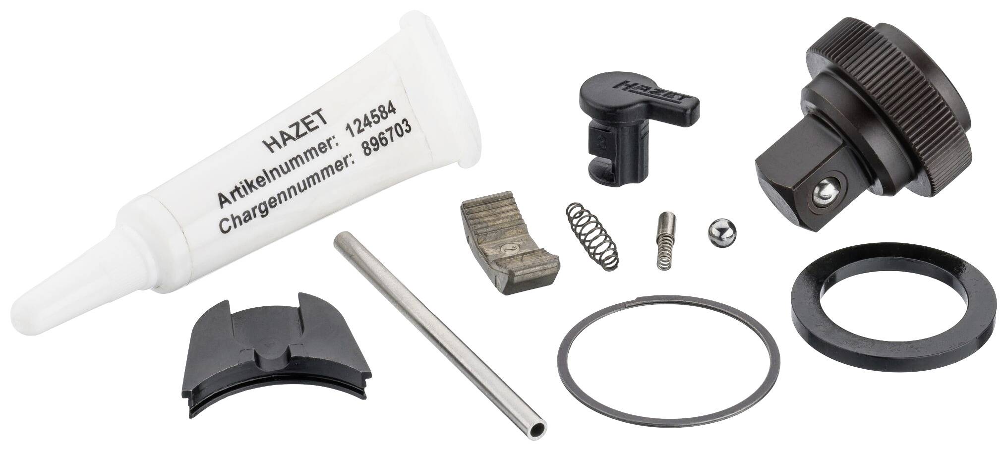 Ersatzteile für Hazet-Werkzeug: Schmiermittel, Feder, Schraube, Dichtungen und Metallteile.