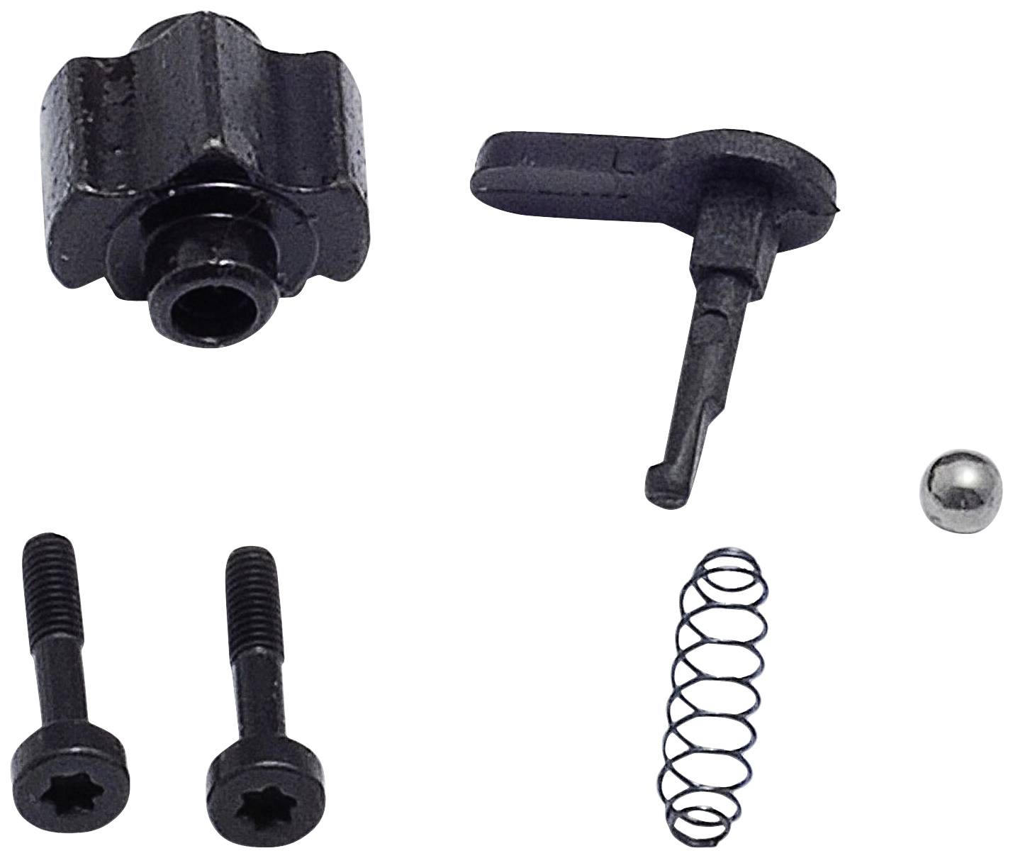 Ein Set von Fahrradbremsenteilen, darunter zwei Schrauben, eine Feder, ein kleiner runder Ball, eine Hebelvorrichtung und ein Befestigungsteil.