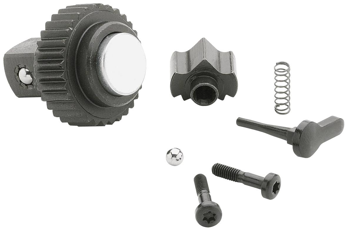 Diverse mechanische Teile, darunter ein Zahnrad mit Knopf, Schrauben, Feder und Hebel, auf weißem Hintergrund dargestellt.