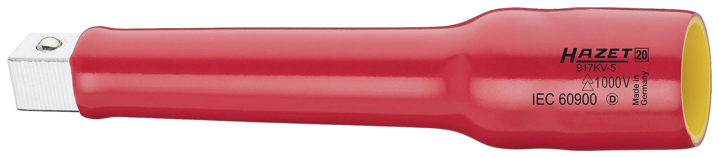 Ein roter, isolierter Steckschlüssel von Hazet, geeignet für Arbeiten bis 1000 Volt, mit IEC 60900 Standardkennzeichnung auf der Oberfläche.