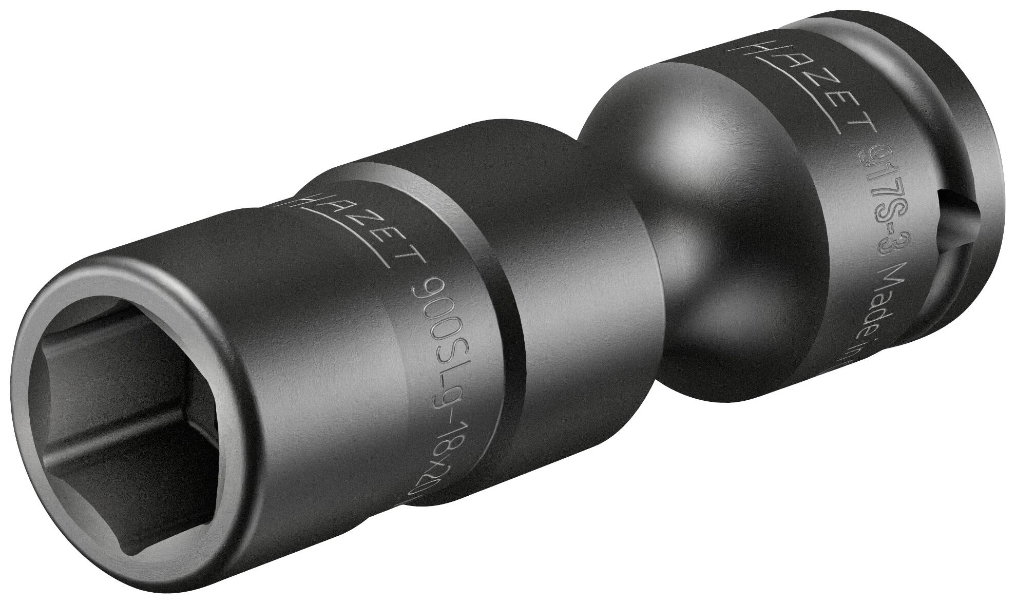 Zwei Enden einer schwarzen Stecknuss mit eingeschränkter Drehbewegung. Text 'HAZET 900 SLG 19/21' und 'Made in Germany'.