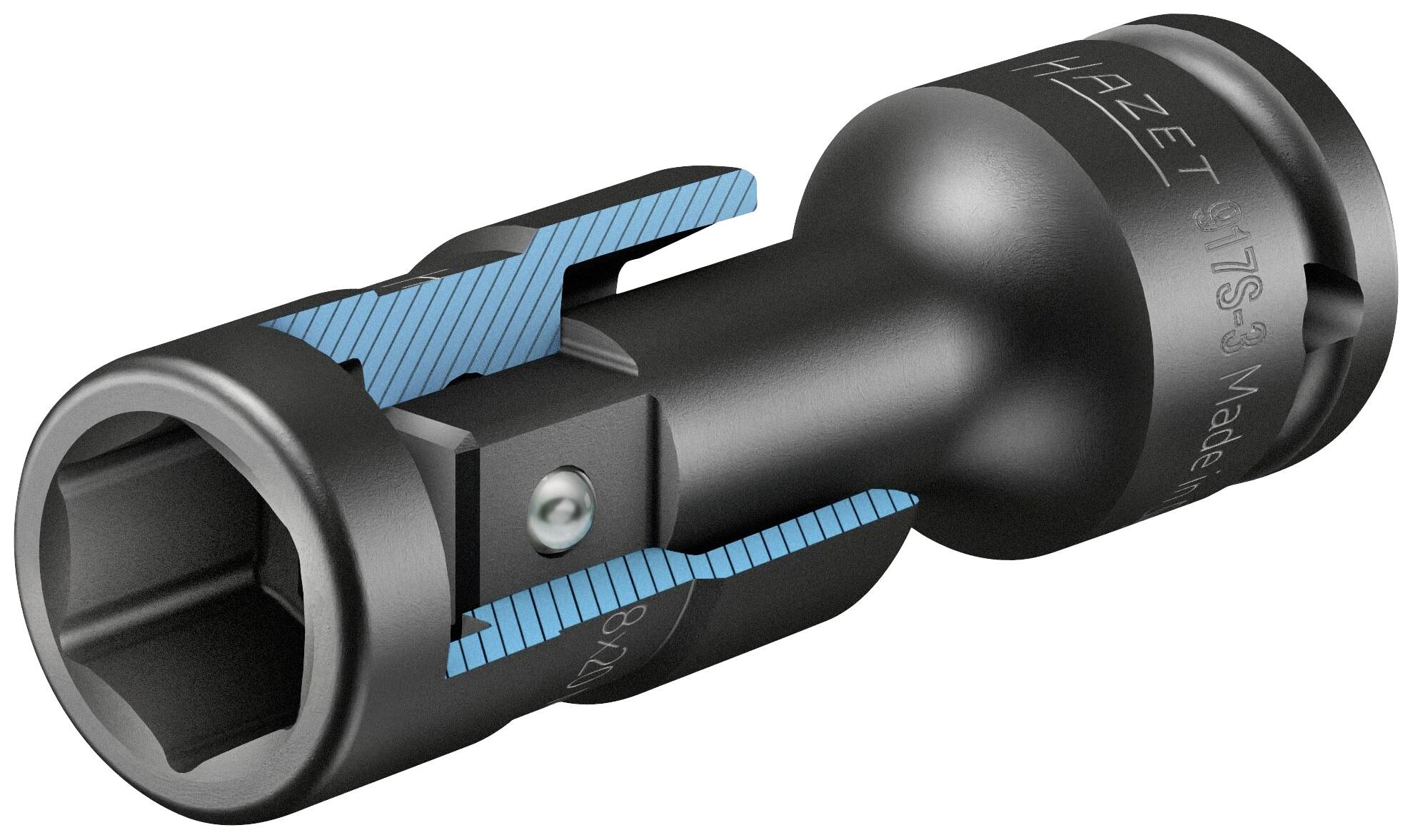 Steckschlüsseleinsatz mit blauer Markierung zur Darstellung des Innenmechanismus. Verwendet für mechanische Arbeiten an Fahrzeugen.