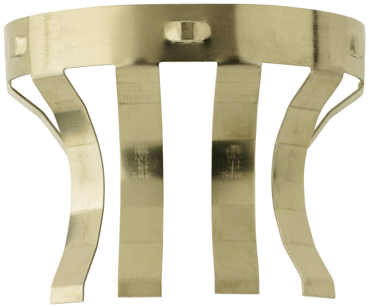 Goldene, metallene Kronenform mit fünf geschwungenen Spitzen. Geeignet als dekoratives Element oder Lampenschirmdach.