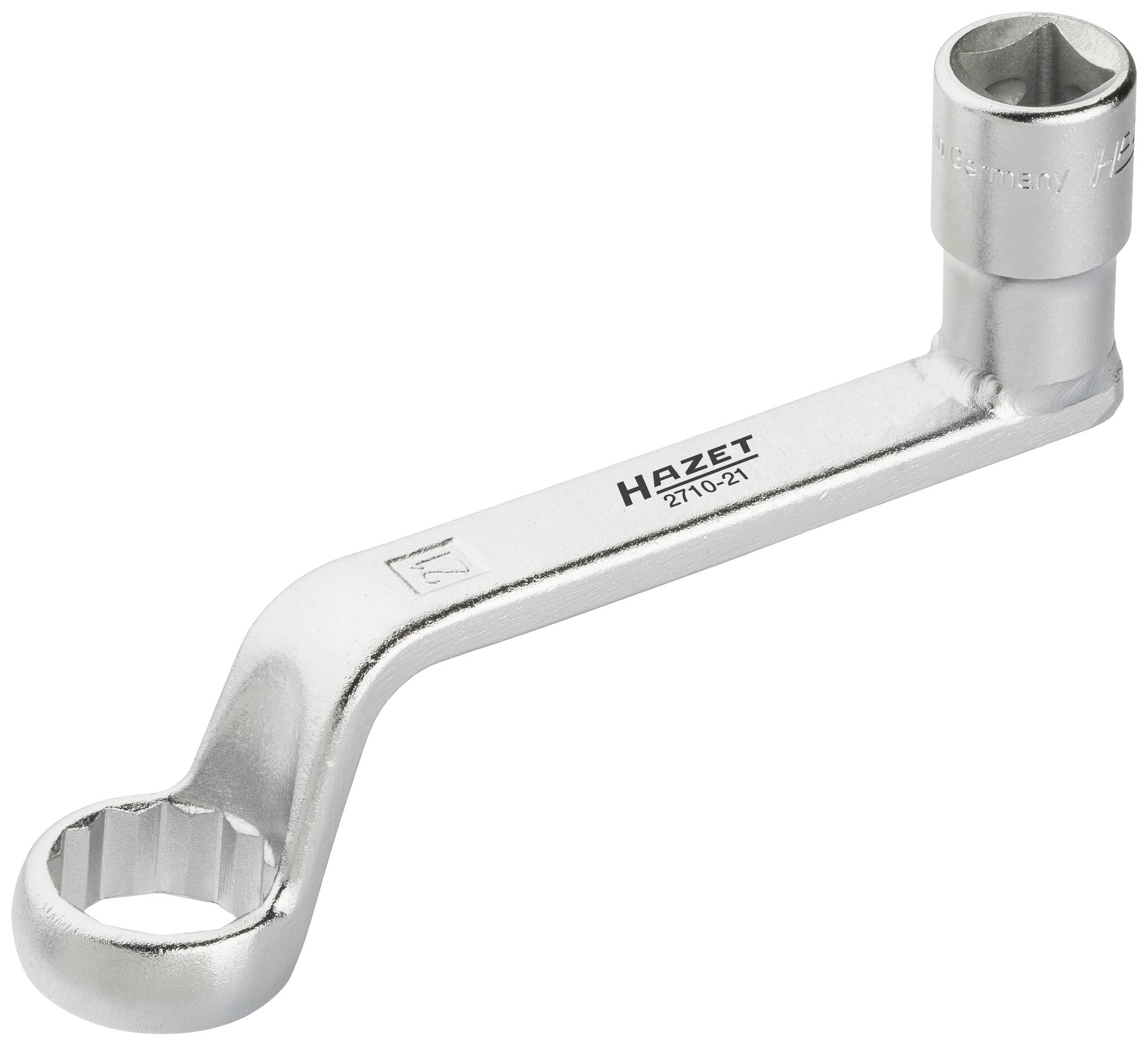 Ein silberner Doppelringschlüssel, Marke Hazet, mit zwei unterschiedlich großen Sechskantköpfen, geeignet für Schrauben und Muttern.