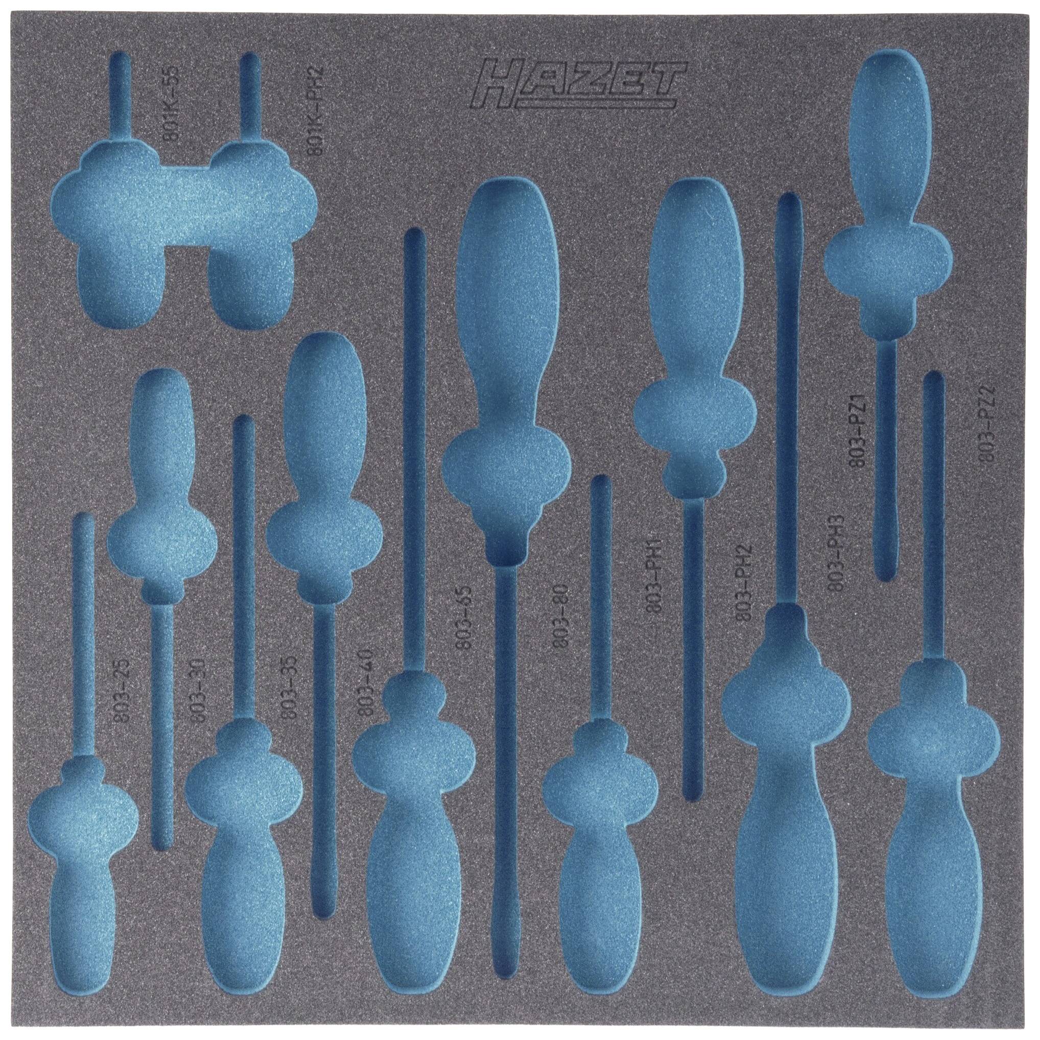 Schaumstoffeinlage mit blauen Aussparungen für verschiedene Schraubendreher; Markenname oben eingestanzt.