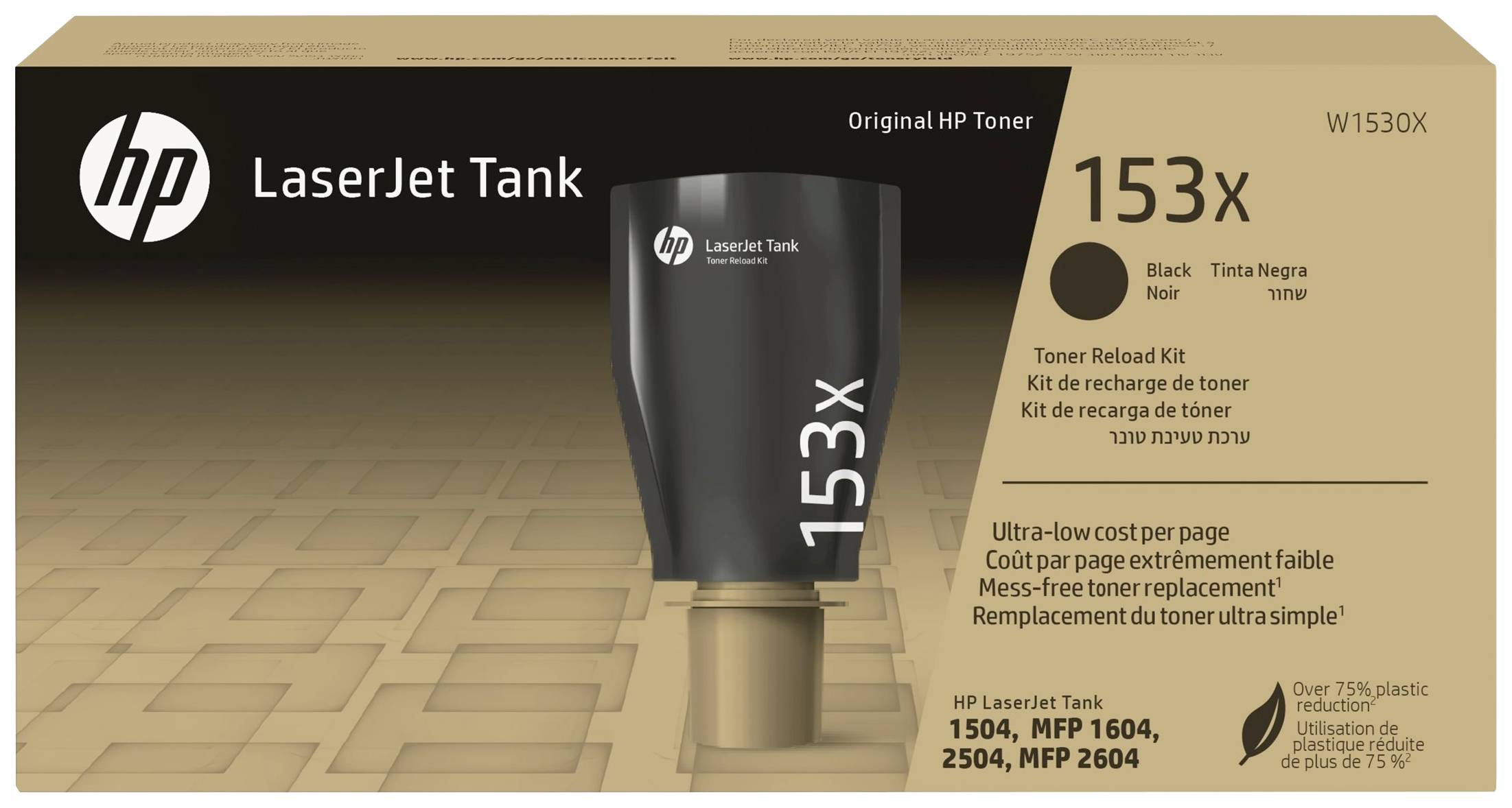 'Original HP Toner 153X' zeigt eine Verpackung für einen Toner-Nachfüllkit. Beschriftet mit 'LaserJet Tank' und 'ultra-low cost per page'.
