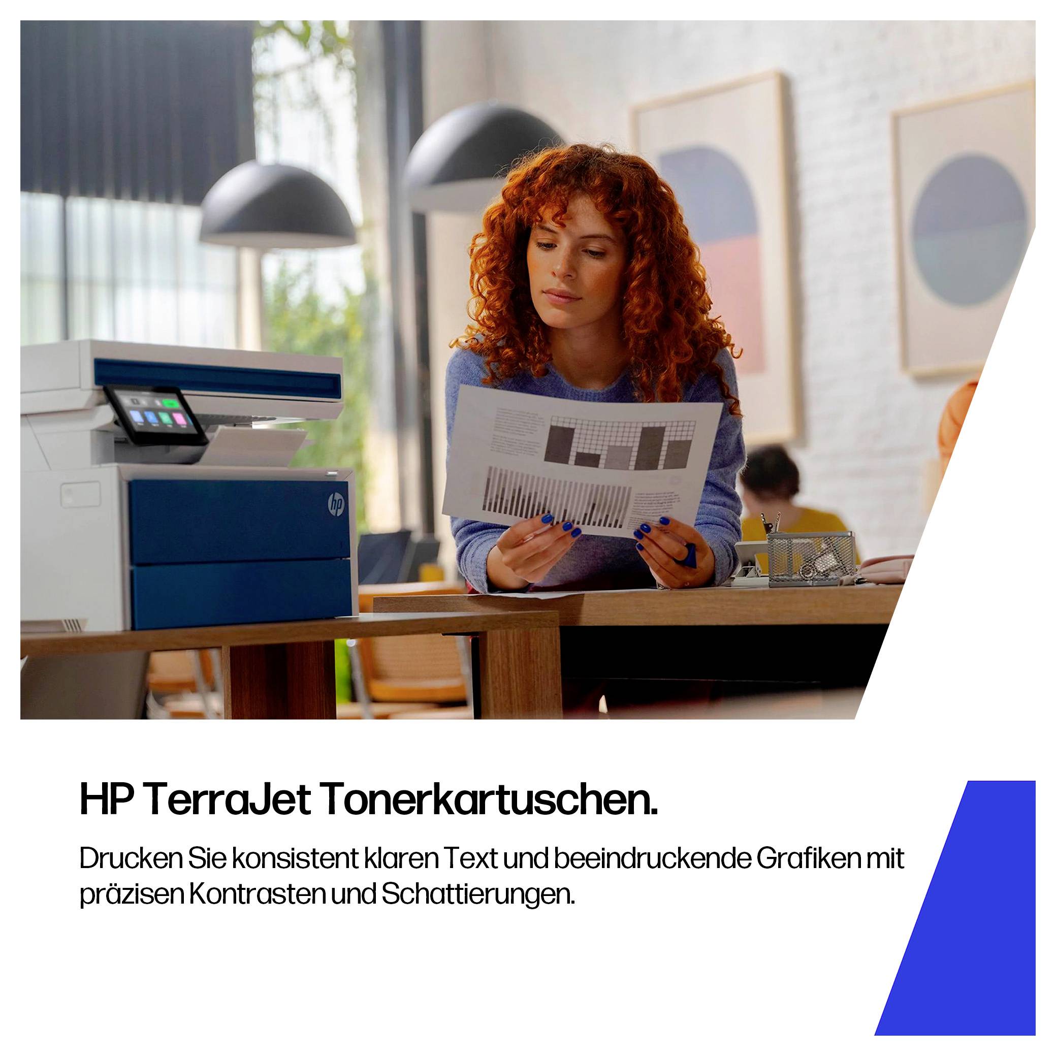 Frau überprüft ein gedrucktes Diagramm neben einem HP-Drucker; deutscher Werbetext bewirbt „HP TerraJet Tonerkartuschen" für klaren Text, Grafiken, Kontrast und Schattierung.