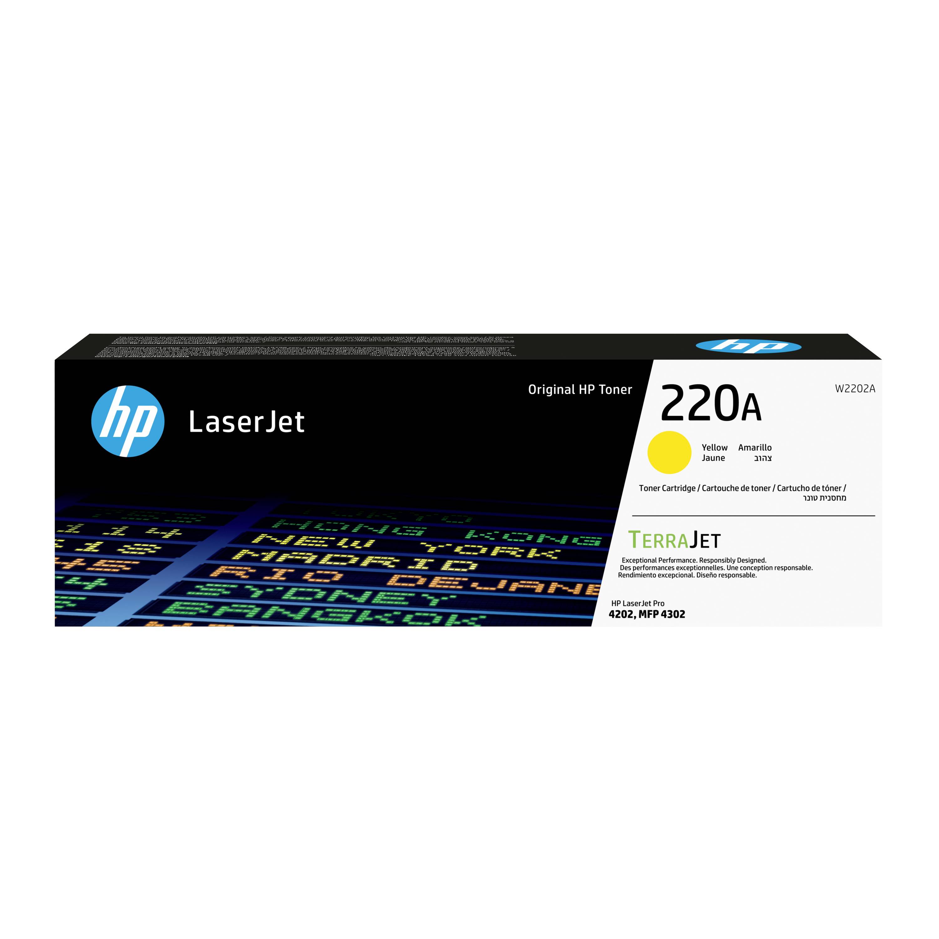 HP LaserJet 220A Gelber Tonerkassette Karton, gekennzeichnet mit TerraJet und W2202A.